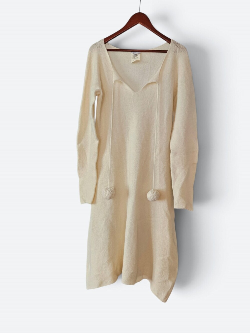 MaxMara Vintage Cream Soft Angora Wool Blend Pom-Pom Accent Midi Sweater Dress L